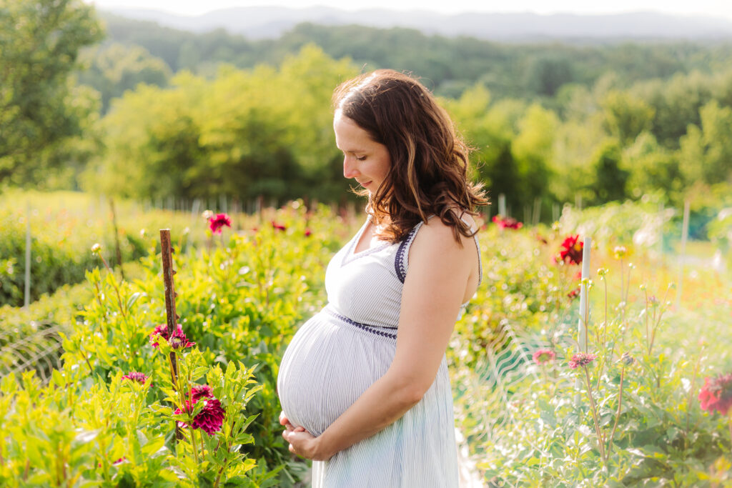 pregnant woman in blue dress in field of dahlias